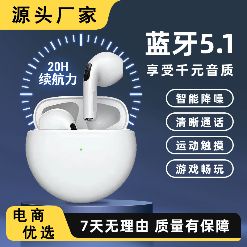 Hot-Selling Pro6 Bluetooth Earphones Tws Business Wireless 5.1 Sports Touch Gaming J6 Bluetooth E-Sports Low Latency