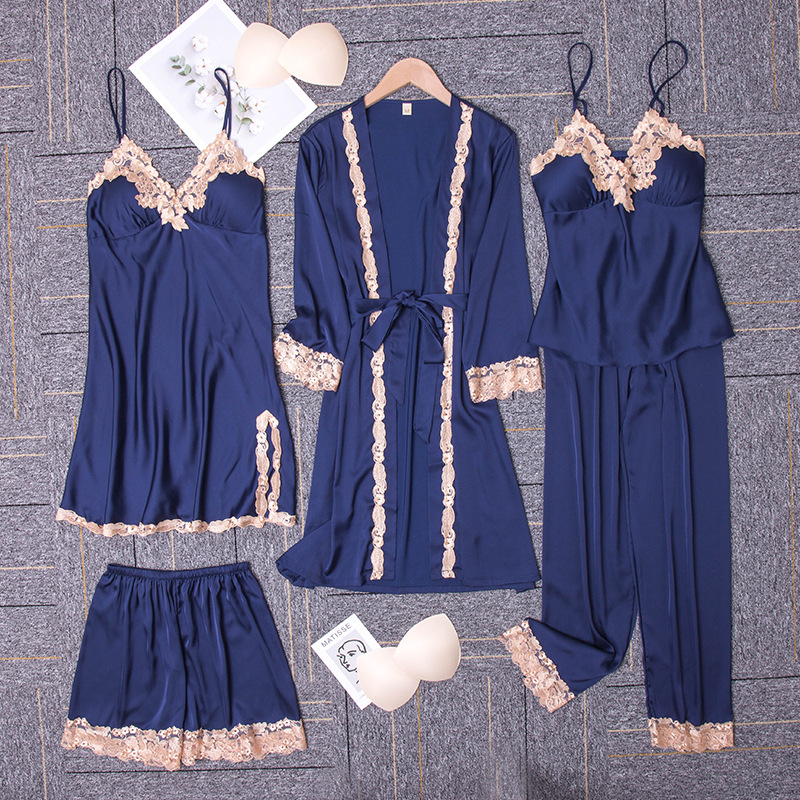 Yaoting-pijamas de gasa satinada para primavera y verano, conjunto de cinco piezas de seda helada, ropa de casa sexy informal y sencilla con almohadillas para el pecho