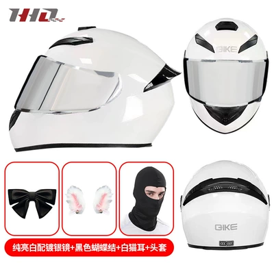 ear decoration with bluetooth electric, Motosiklet kaskı (dəbilqə) - pure-bright-white-with-silver-plated-mirror-black-bow-white-cat-ears-m