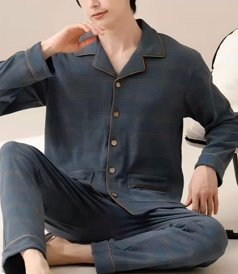 남성용 더블 롱 파란색과 노란색 체크 무늬