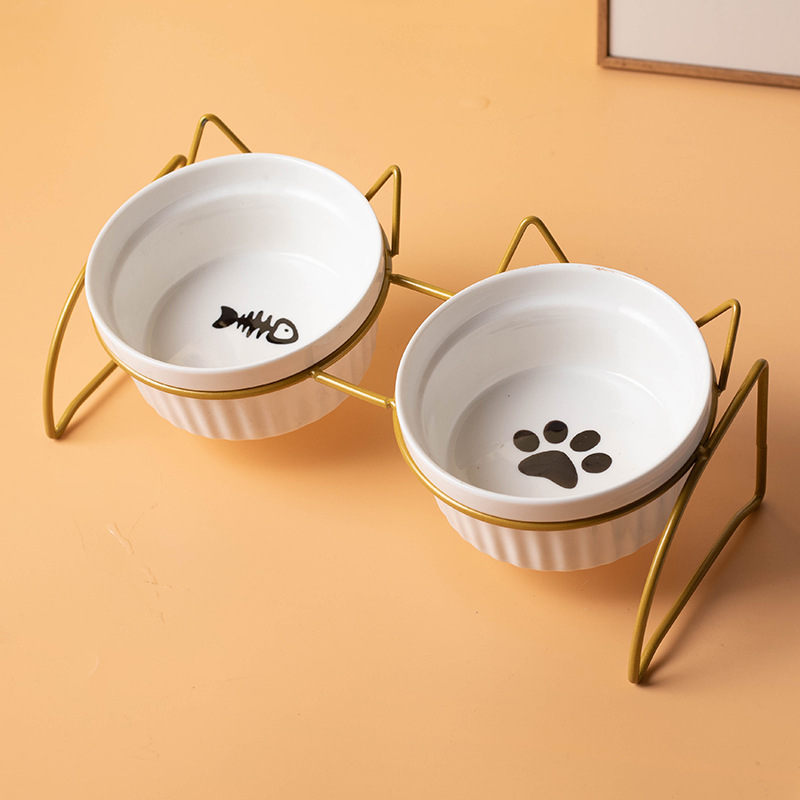 Fábrica al por mayor de cerámica gato comida tazón cuello protección diseño bebedero gato arroz tazón doble tazón antidetonante perro tazón de comida