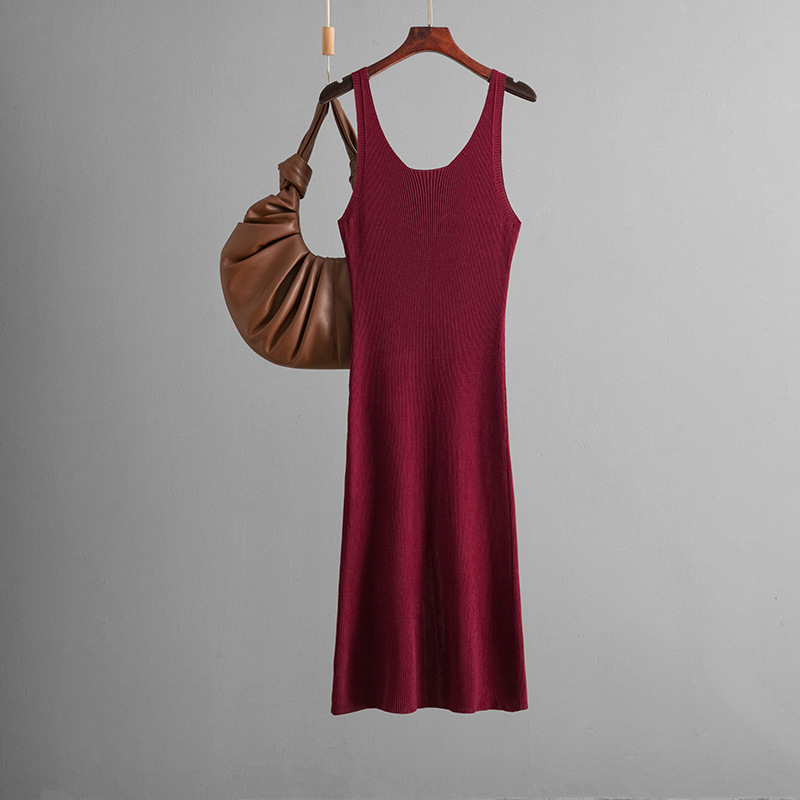 Sexy Knitted Sling Dress Summer Solid Color Back Slit Sheath Maxi Dress