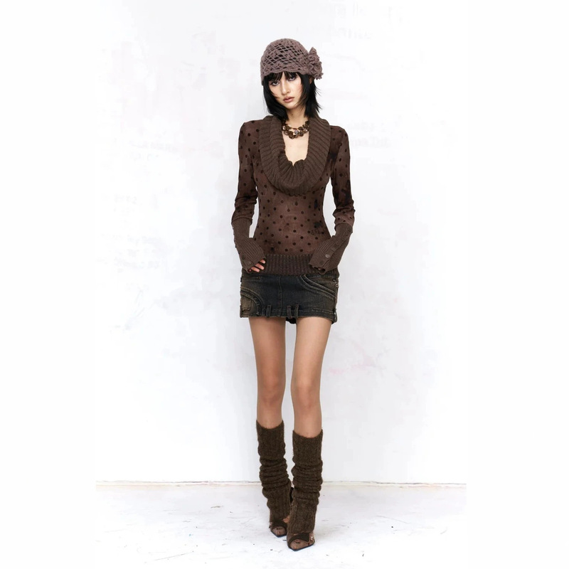 Polka Dot Brown Sweater for Women, 2026 Spring New Design, Knitted Top, Slim Fit Bodysuit
