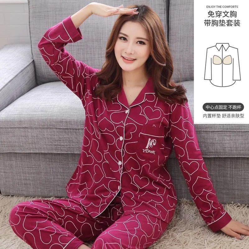 Pijama con cojín de pecho para mujeres primavera y otoño mangas largas 2023 nuevo conjunto de ropa de casa de otoño para mujeres