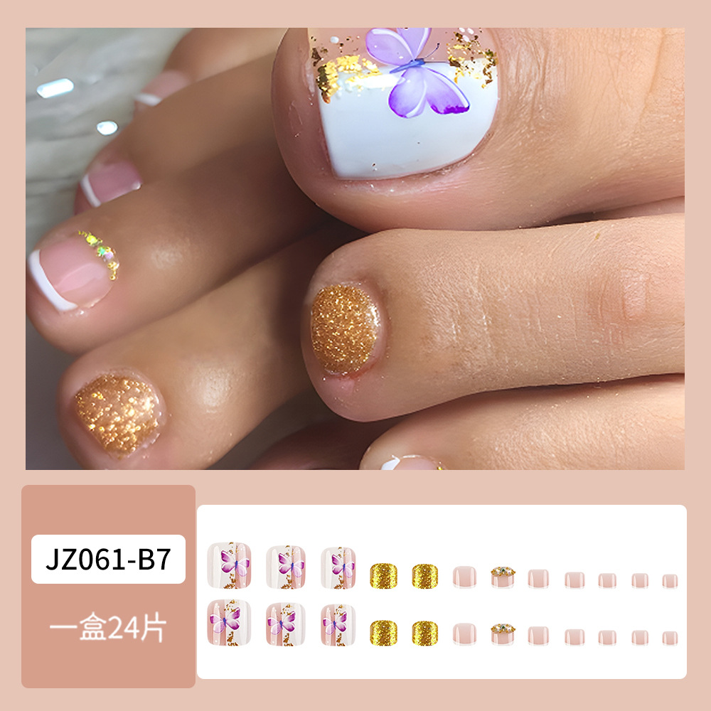Ventas transfronterizas en caliente de bordes blancos de manicuras francesas polvo brillante mariposa productos terminados parches de uñas de los pies, uñas de los dedos de los pies para usar uñas image 3