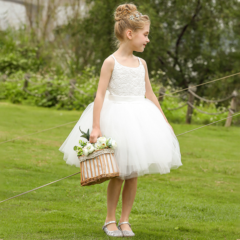 Nuevo europeo y americano transfronterizo vestido de novia para niños niñas encaje piano rendimiento cumpleaños anfitrión puffy princesa vestido midi