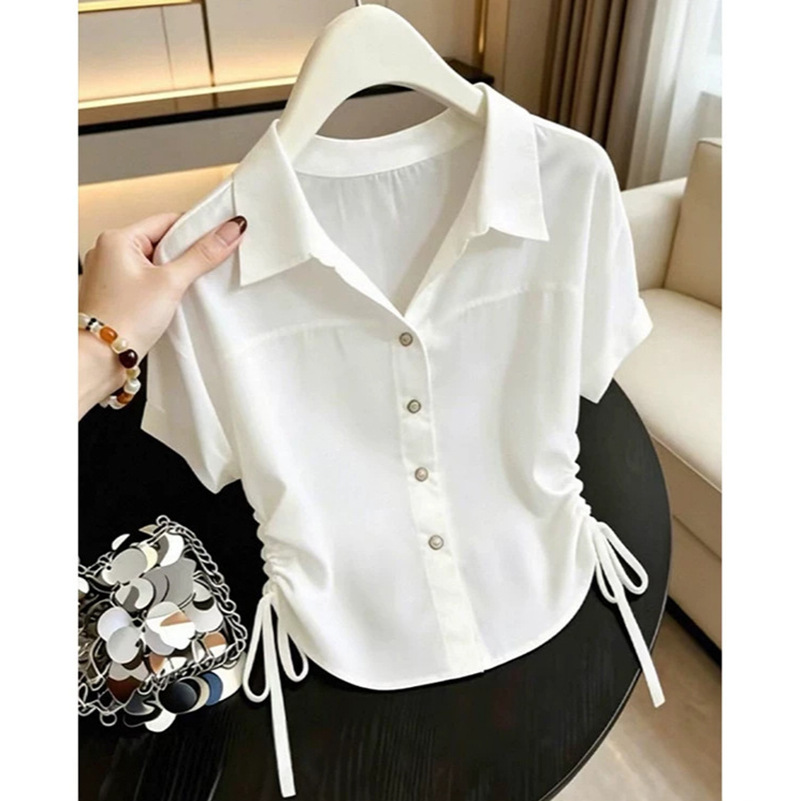 Summer-style solid color collared blouse with drawstring waist for a slimming and versatile look. New single-breasted multi-button shirt.