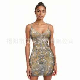 华丽闪耀水钻性感V领露腰修身短裙晚会派对礼服时装秀舞台装雪饼