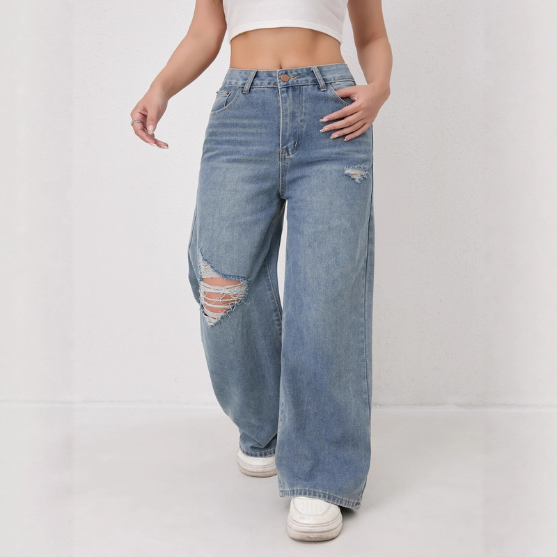 Cross-Border European and American Aliexpress Women's Light Blue Plus-Size Low-Waist Straight Wide-Leg Jeans, Washed and Distressed, Loose Fit