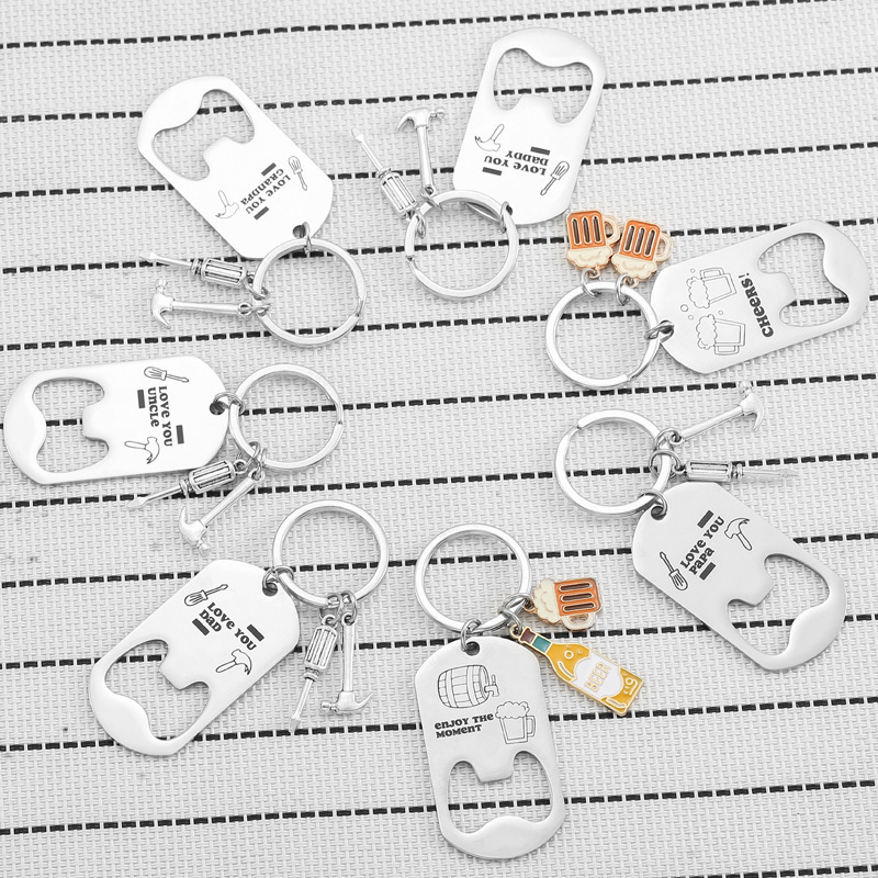 Cross-Border New Style Beer Bottle Opener Stainless Steel Keychain with Engraving DIY Pendant Gift for Boyfriend Father's Day Gift
