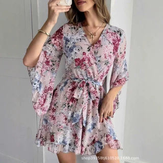 跨境爆款欧美风V领碎花雪纺连衣裙女夏季新款系带收腰喇叭袖A字裙
