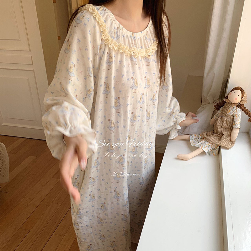 I Have a Little Bear~ Round Neck Lace Long-Sleeved Nightgown with Cartoon Print Cotton Gauze, Loose and Skin-Friendly, New Style for Spring/Summer 2026 I Have a Little Bear~ Round Neck Lace Long-Sleeved Nightgown with Cartoon Print Cotton Gauze, Loose and Skin-Friendly, New Style for Spring/Summer 2026