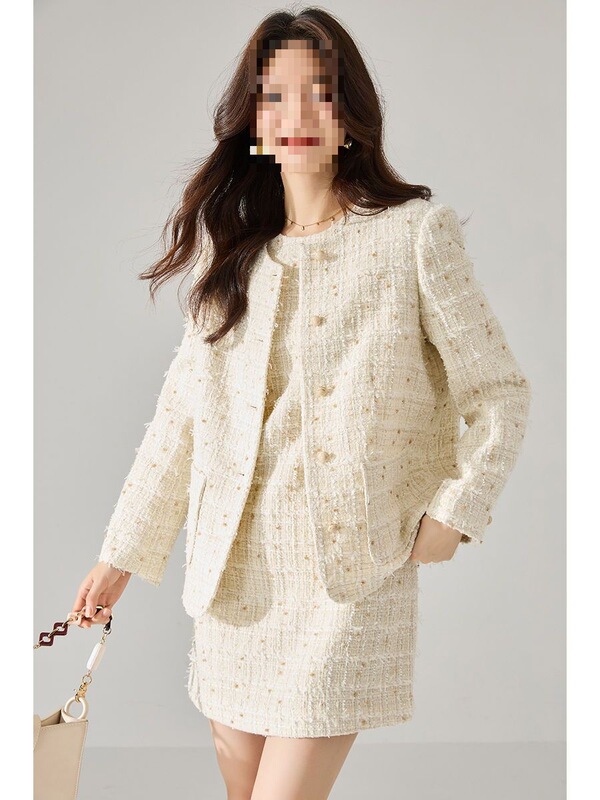 2025 Early Autumn New Butterfly Yarn Tweed Two-Piece Set Socialite Style Dress Top Jacket