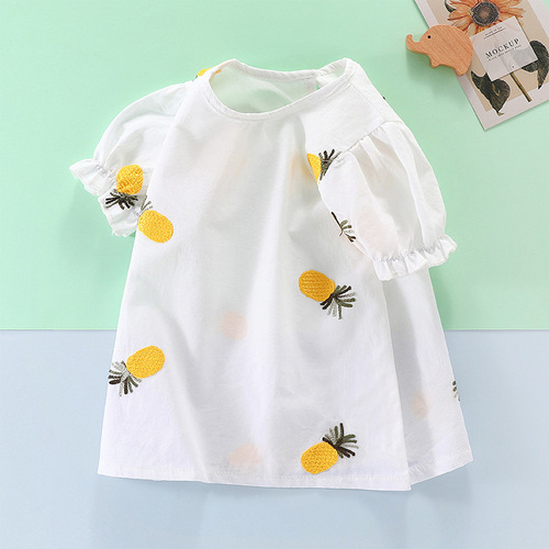 Girls' T-shirt Summer Outfit 2024 New Girl Baby Korean Style Half Sleeve Trendy Bouquet Sleeve Children Pure Cotton Base Top