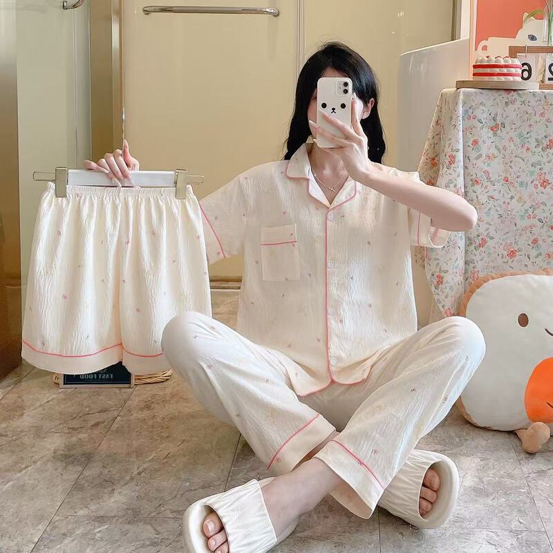 跨境云朵棉睡衣三件套女夏季短袖长裤短裤春秋季家居服套装外贸|undefined