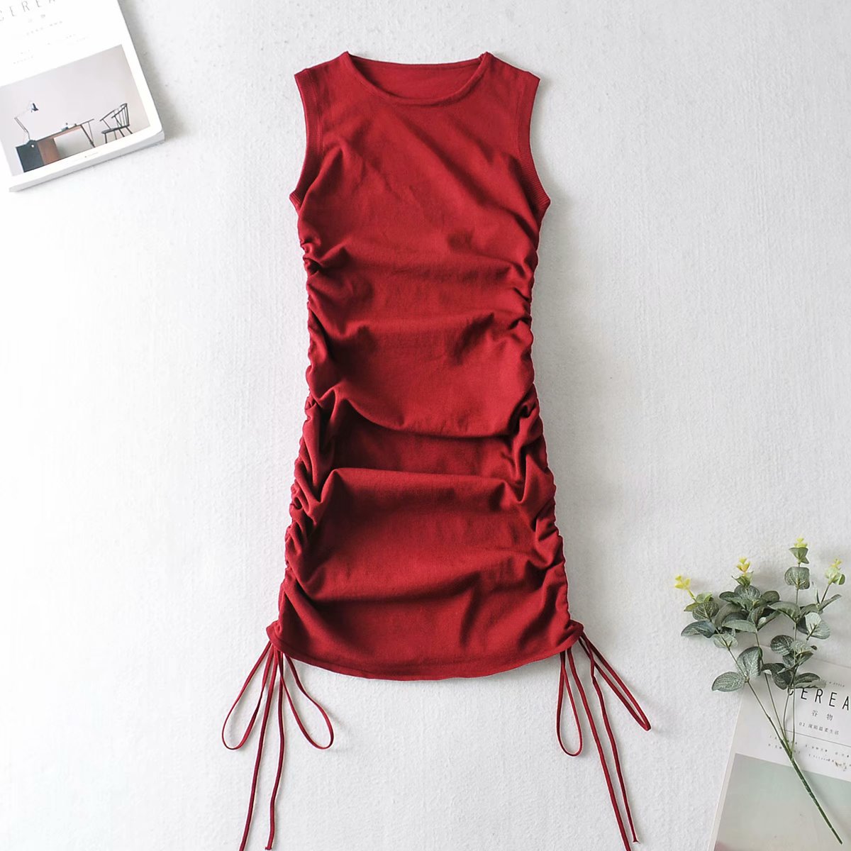 spring round neck knit double side drawstring dress NSAM25630