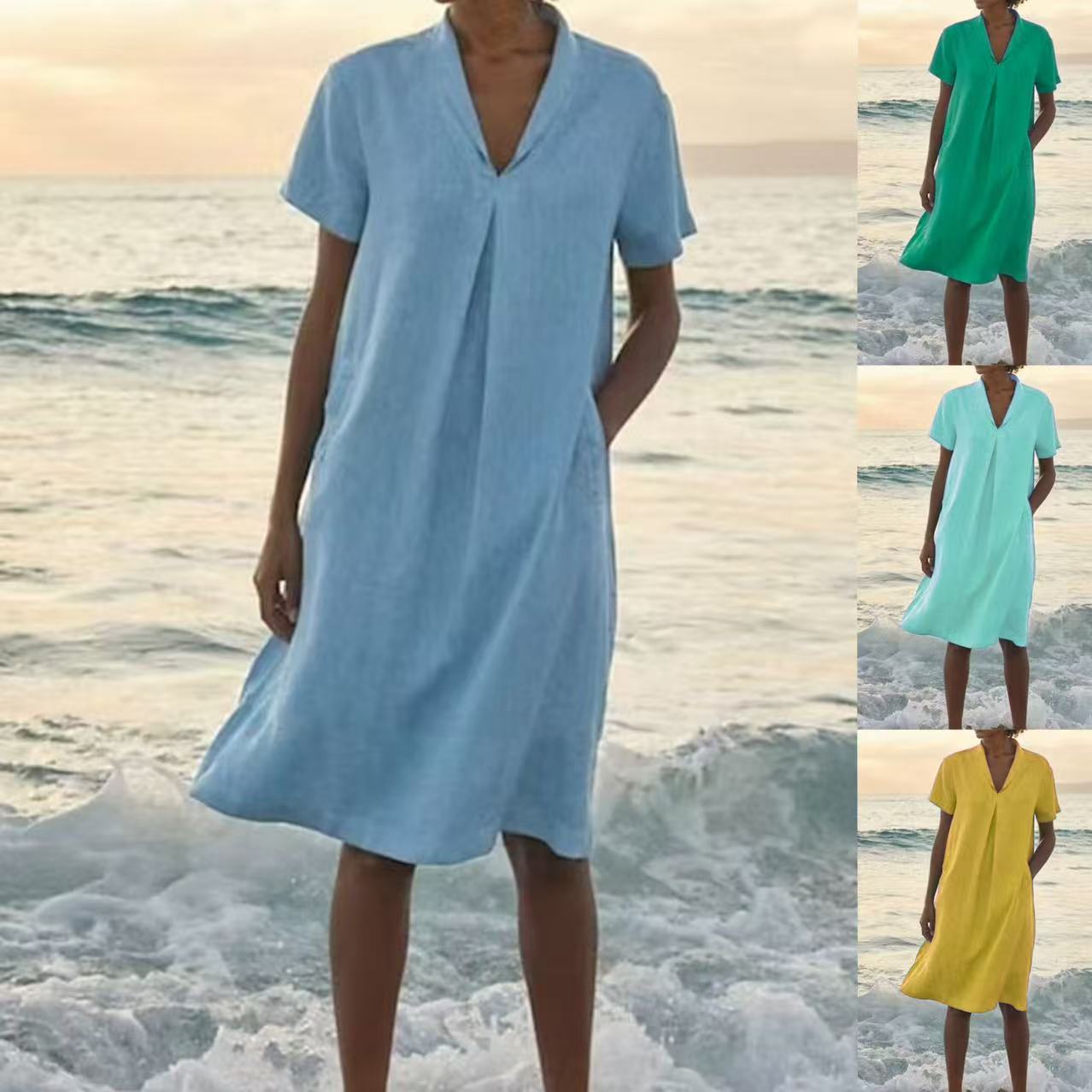 Europe and the United States cross-border summer new women's casual loose fashion retro cotton linen short sleeve v-neck pocket dress