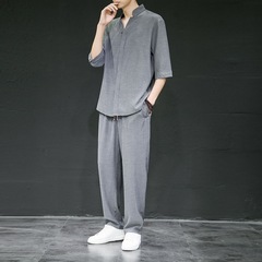 夏の氷糸亜麻セット男性超薄中袖綿麻2点セット大きいサイズゆるい中袖tシャツスポーツウェア
