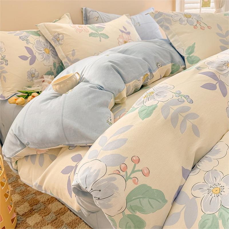 Algodón de cuatro piezas de ropa de cama de algodón 2025, nuevo edredón de flores frescas, sábanas de dormitorio de tres piezas de cuatro estaciones