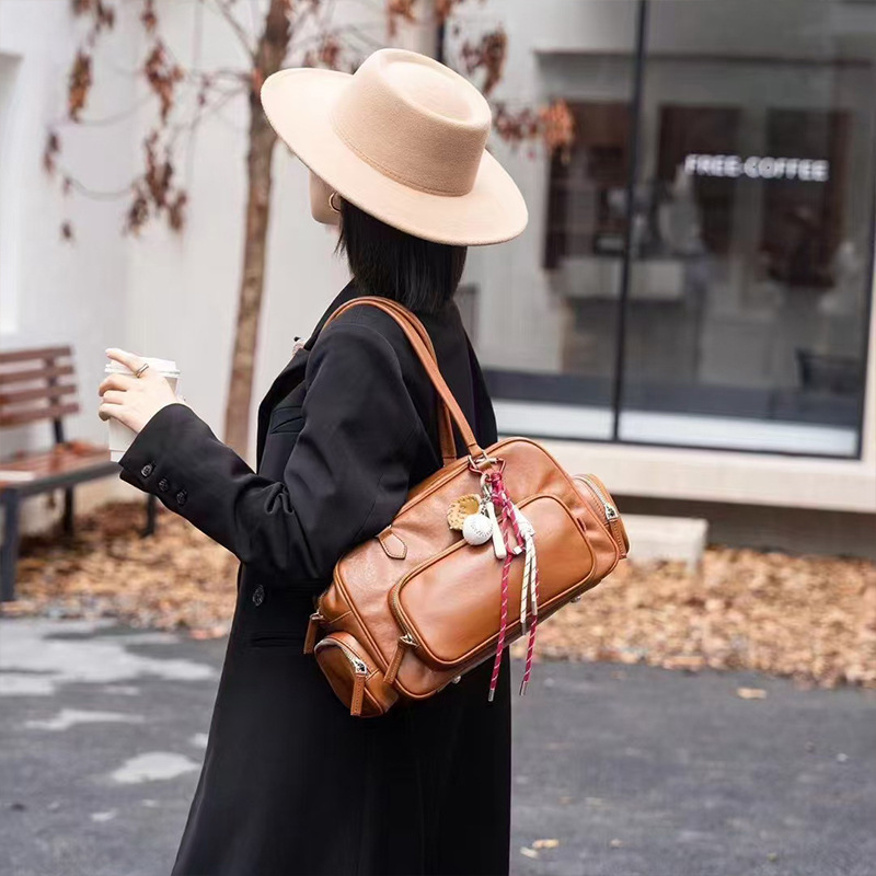 Boston 2024 new multi pocket niche leather motorcycle women's large capacity single shoulder armpit bag_voghion.com