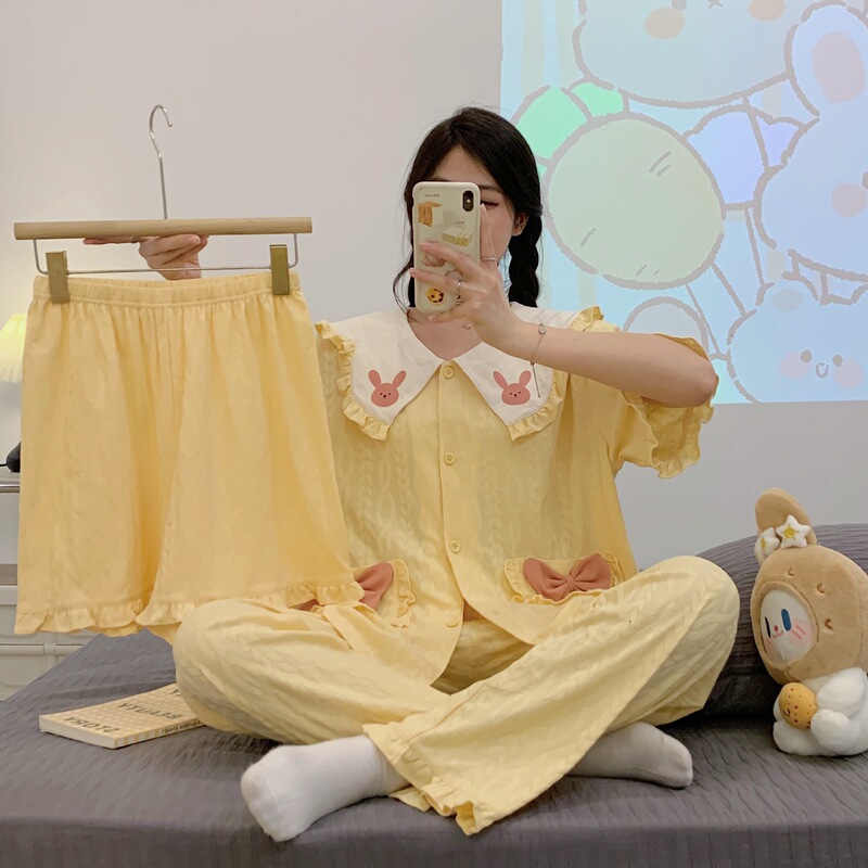 パジャマ女性夏綿質半袖三点セットかわいいアニメ薄手女子学生夏生放送ホームウェア卸売り|undefined