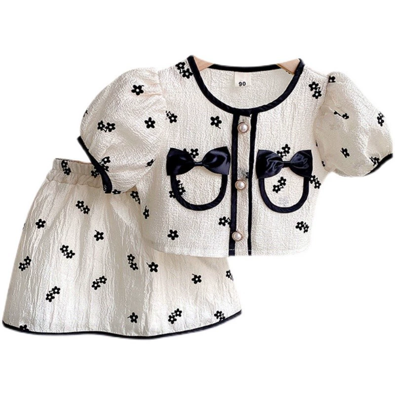 Mini-skirt set girls Korean style, Chanel-style, short sleeve, summer sizes 90–140