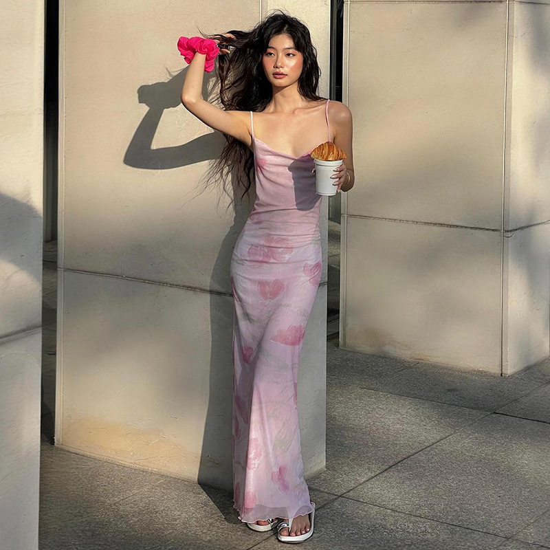 European and American Women's 2024 Summer New Sexy Sweet Hot Style One-character Collar Mesh Printed Long Sling dress