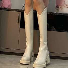 高跟靴白色长女2023年新款厚底口显瘦英伦风长筒女亚马逊热代发