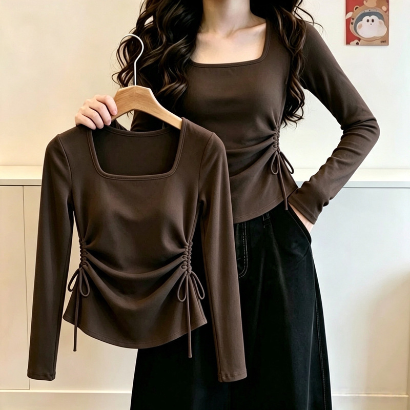 Slimming square-neck, right-shoulder, long-sleeve T-shirt for women, 2026 autumn new collection, asymmetrical pleated drawstring top, available for drop shipping Slimming square-neck, right-shoulder, long-sleeve T-shirt for women, 2026 autumn new collection, asymmetrical pleated drawstring top, available for drop shipping