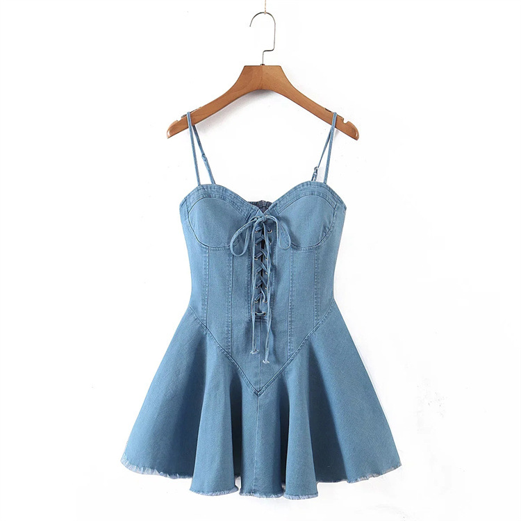 sling backless slim wrap chest lace-up denim dress NSFH130627