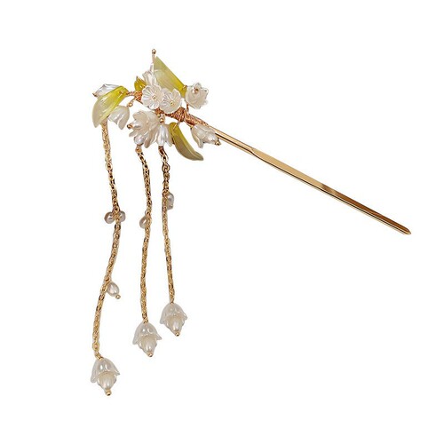Changyue Jinming's same style pearl lily of the valley flowers and leaves tassel hairpin elegant hairpin elegant hair accessories wholesale