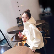 韩系白色加绒连帽卫衣女2025秋冬装新款慵懒风小个子套头上衣