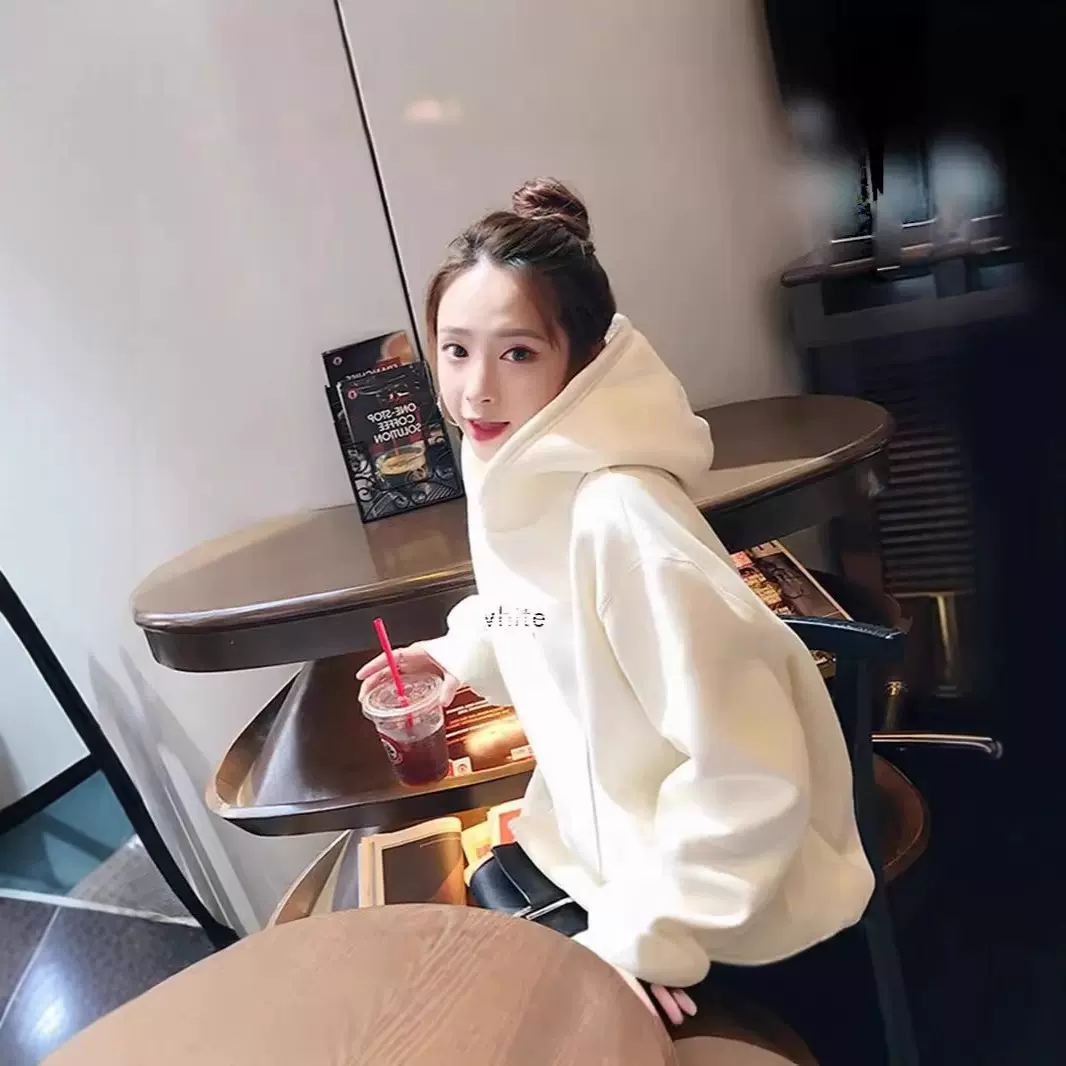 韩系白色加绒连帽卫衣女2025秋冬装新款慵懒风小个子套头上衣