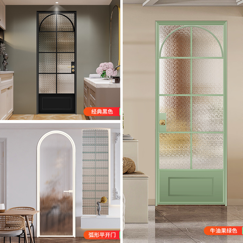 Minimalist French retro aluminum sliding door with hawthorn pattern and longbow glass, suitable for indoor kitchen and bathroom doors