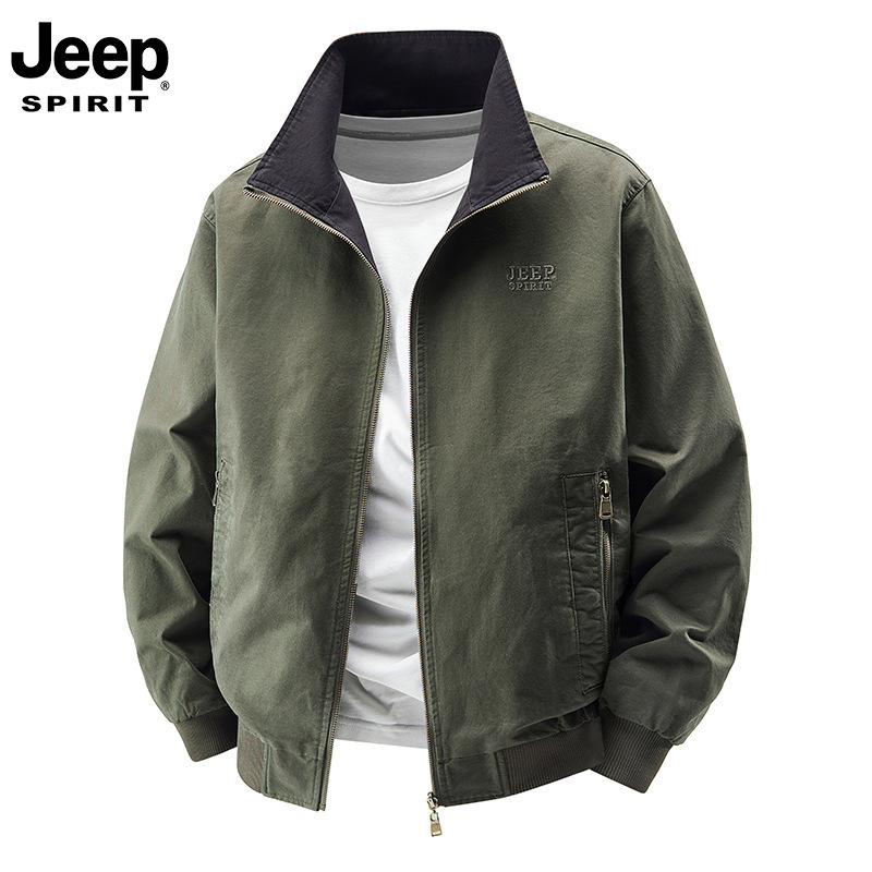 JEEP SPIRIT品牌刺绣专版双面穿夹克男休闲百搭水洗工装外套军绿|undefined