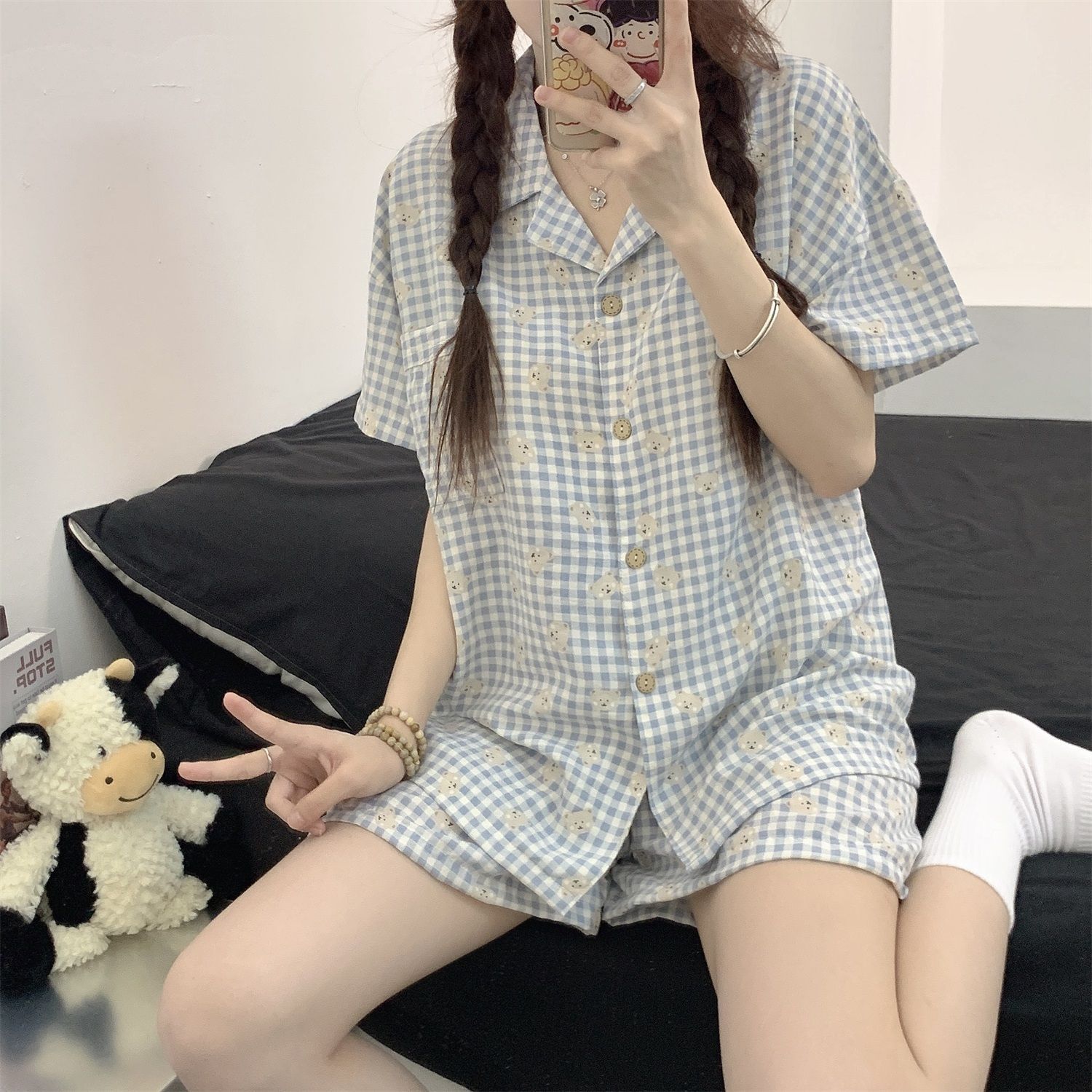 Niña linda solapa pijama de gasa mujer verano oso algodón y lino pantalones cortos de manga corta camisón traje de servicio a domicilio simple image 16