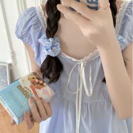 韩国ins女士夏季新睡衣新款短袖长裤外穿条纹家居服圆领花边套装