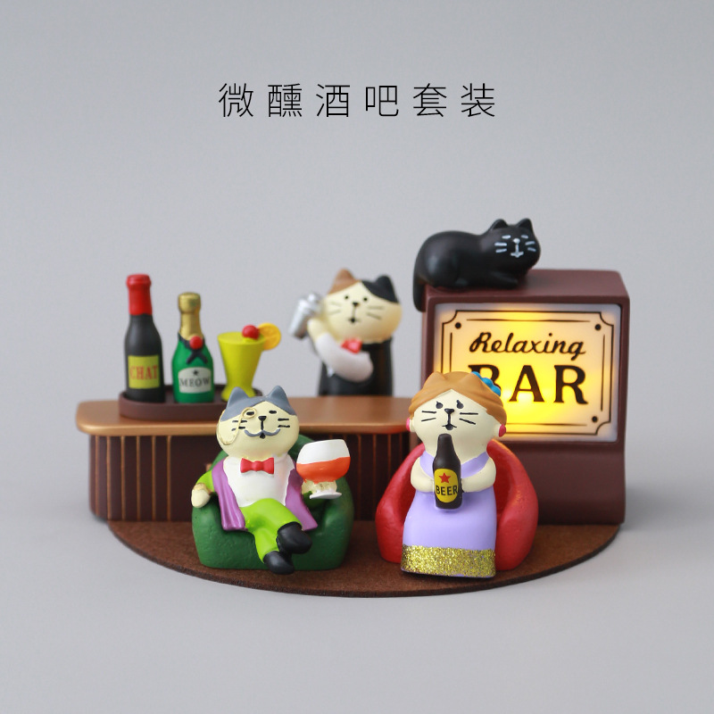 Drunken Bar Table Cute Cat Bartender Ornaments Ins Mini Miniature Desktop Resin Craft Decorations
