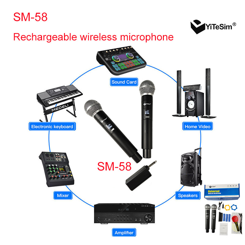 Yitesim Sm-58 Cross-Border Rechargeable Wireless Dynamic Microphone for Home Singing Stage Outdoor Performance Live Broadcast