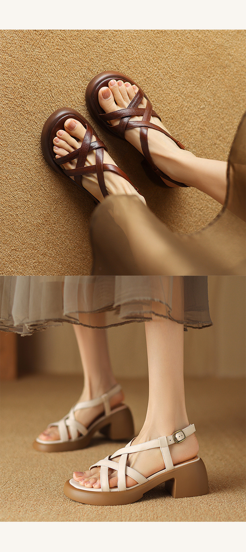 Sandal nữ quai ngang da bò đế xuồng gót cao phong cách La Mã — nâu chi tiết 8