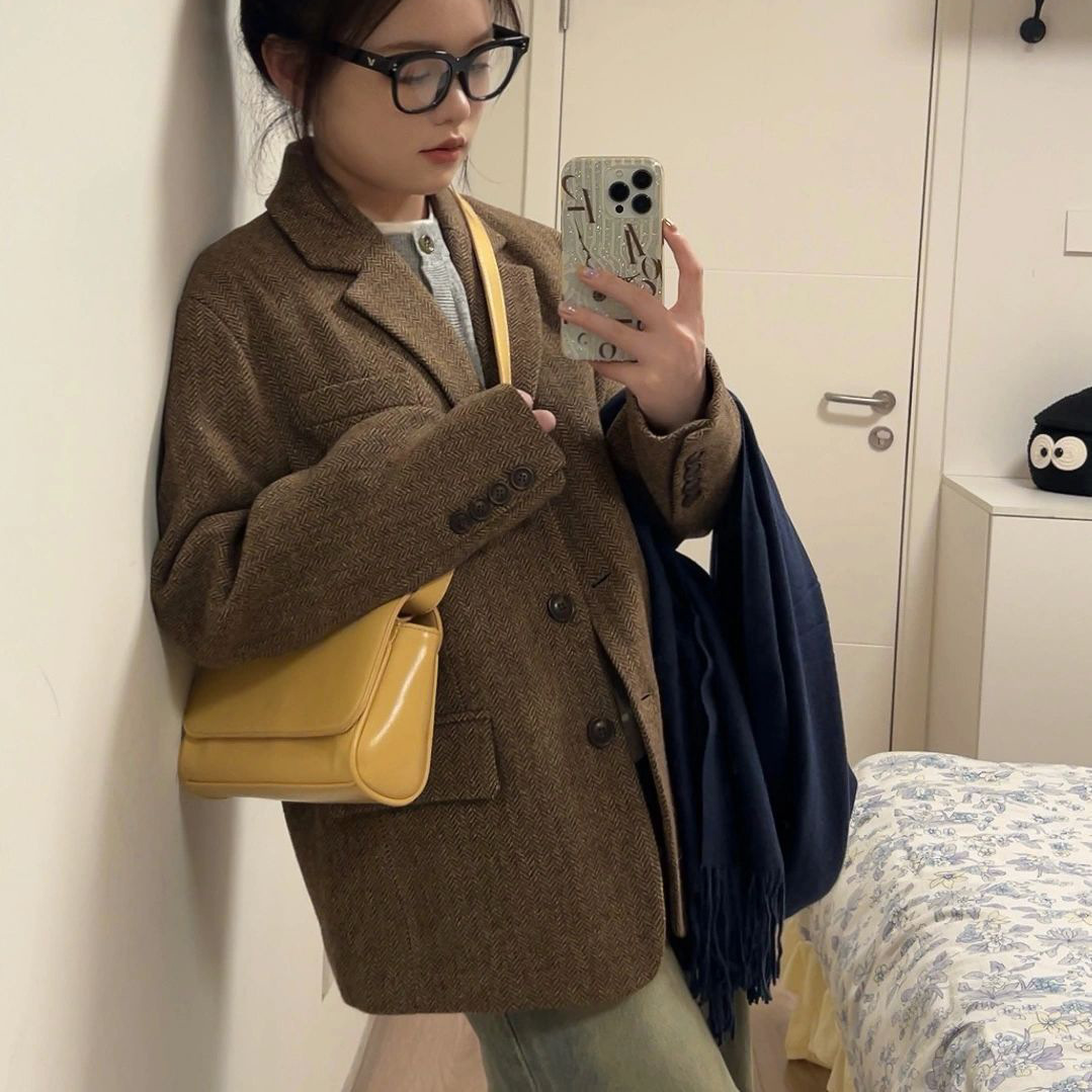 Benview [Exclusive for Physical] Autumn and Winter Korean Style Brown Woolen Blazer for Petite Women with Herringbone Pattern