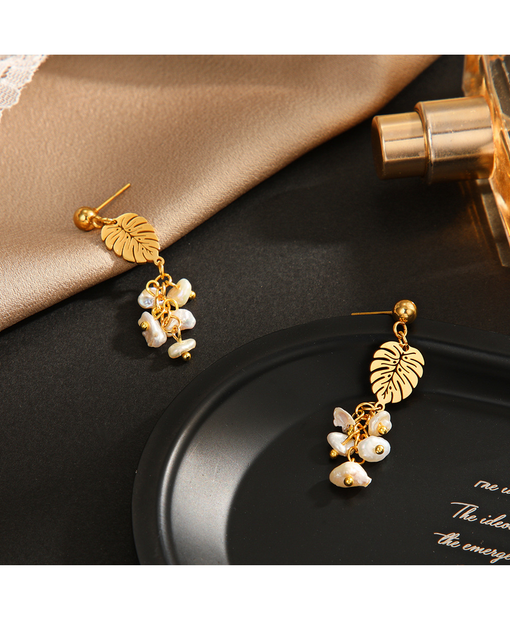 Elegant Leaf Stainless Steel Inlay Artificial Pearls Drop Earrings 1 Pair