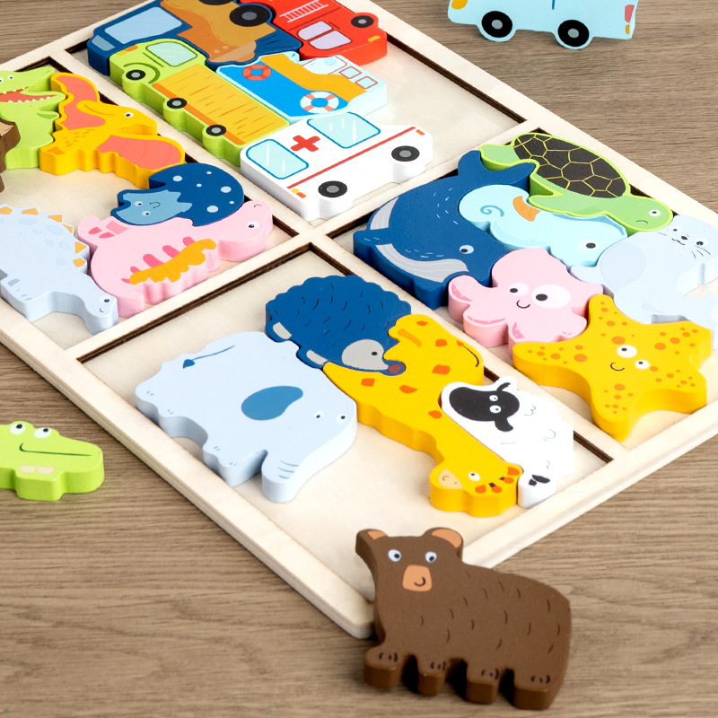 Bebé Monchi 4 en 1 puzzle tridimensional para niños jardín de infantes animales dinosaurios cognitivo puzzle de educación temprana juguetes de puzzle image 3