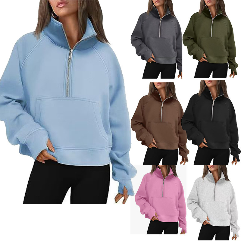 Cross-Border Amazon European and American Raglan Sleeve Women's Autumn and Winter Fleece Loose Jacket Stand Collar Women's Half-Zip Sweatshirt
