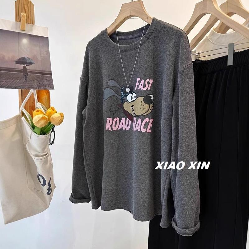 Extra large size 300kg cool big dog ~ casual cartoon double-sided velvet padded long sleeve T-shirt women's base coat Extra large size 300kg cool big dog ~ casual cartoon double-sided velvet padded long sleeve T-shirt women's base coat