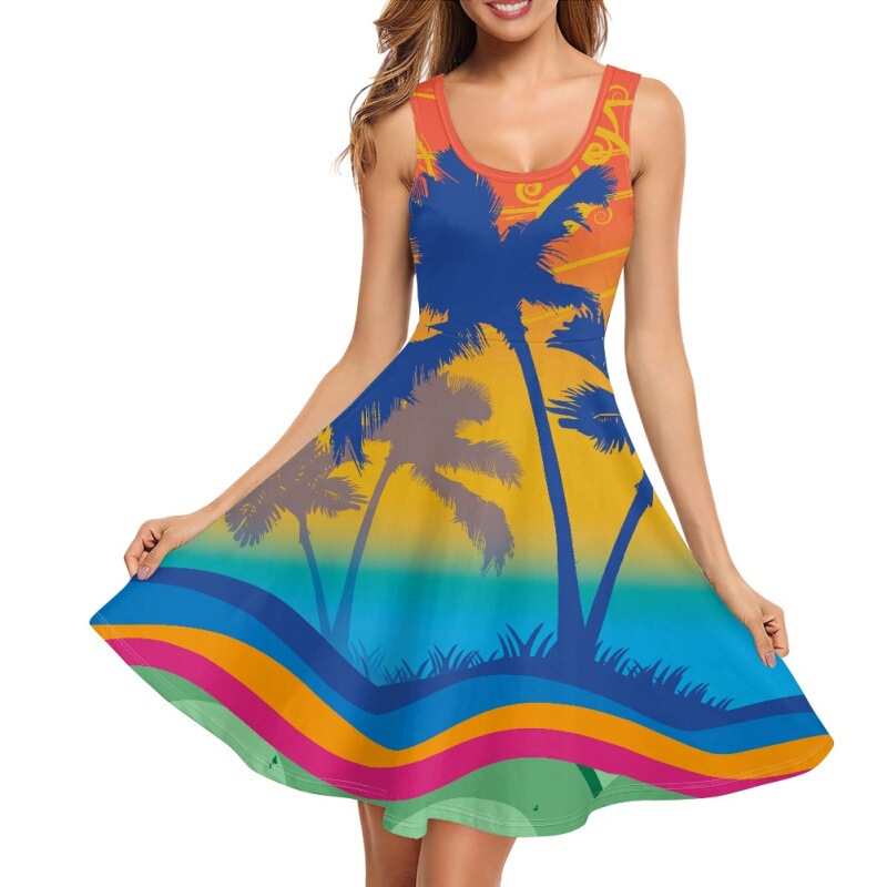 Cross-border Hawaiian Vacation Vest Dress Beach Coconut Tree Turtle Elastic Waist Short Skirt with Pictures and Print Can Be Issued