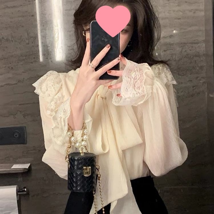 春秋女装新款蝴蝶结衬衫设计感小众系带蕾丝拼接别致雪纺衫|undefined