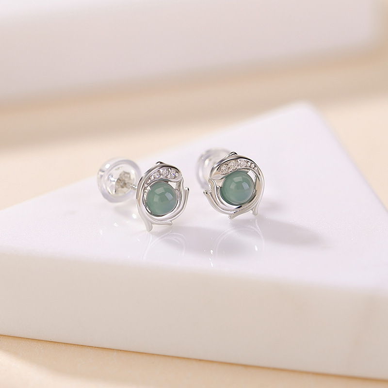 Khuyên tai bạc S925 hình cá chép ngọc bích xanh — Cặp đôi