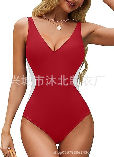 Traje de Baño Enterizo para Mujer, Estilo Europeo y Americano, con Tirantes, Ajustado, Reductor de Abdomen, Escote en V Profundo, Bloques de Color, Espalda Cruzada, 2025