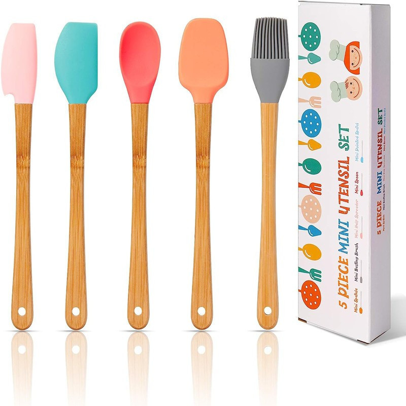Mini Color Baking Tool 5 Piece Set Silicone Children's Bamboo Handle Spatula Oil Brush Salad Spoon 5 Pieces suit